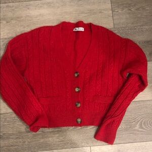 Zara Red Cable-Knit V-Neck Button Front Women's cardigan